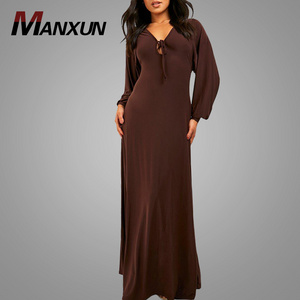 Maxi Dress High Quality Knit Fabric Long Sleeve Dresses  Clothing Sexy Low Neck Party Club Wear