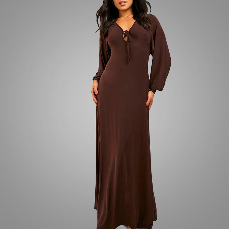 Maxi Dress High Quality Knit Fabric Long Sleeve Dresses  Clothing Sexy Low Neck Party Club Wear