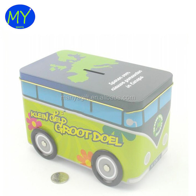 Hot new products bus shape toy coin bank tin box for kids gold supplier