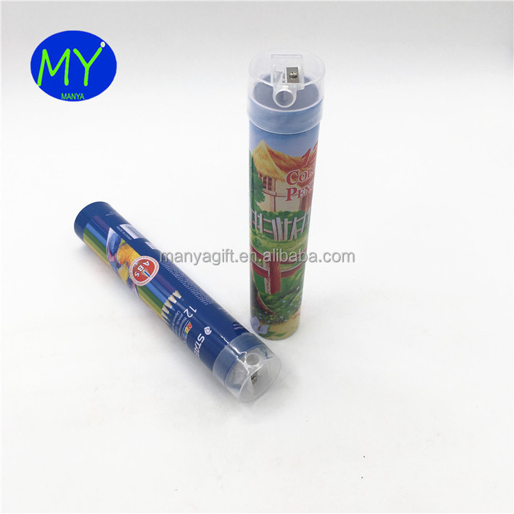 Wooden color pencils in ruler tube tin box