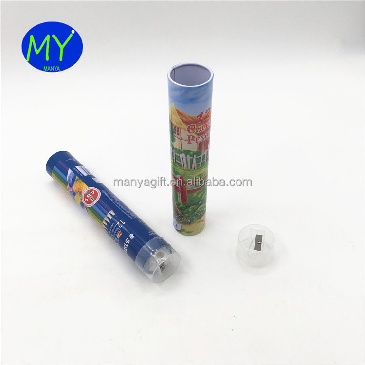 Wooden color pencils in ruler tube tin box