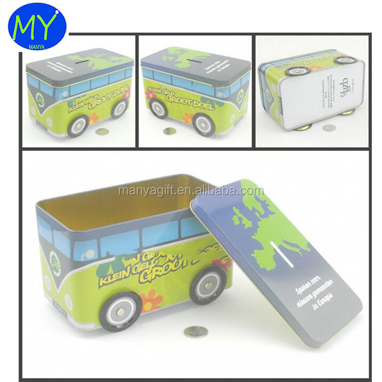 Hot new products bus shape toy coin bank tin box for kids gold supplier