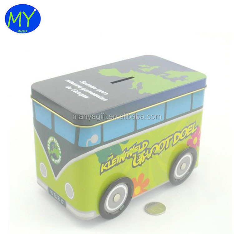 Hot new products bus shape toy coin bank tin box for kids gold supplier