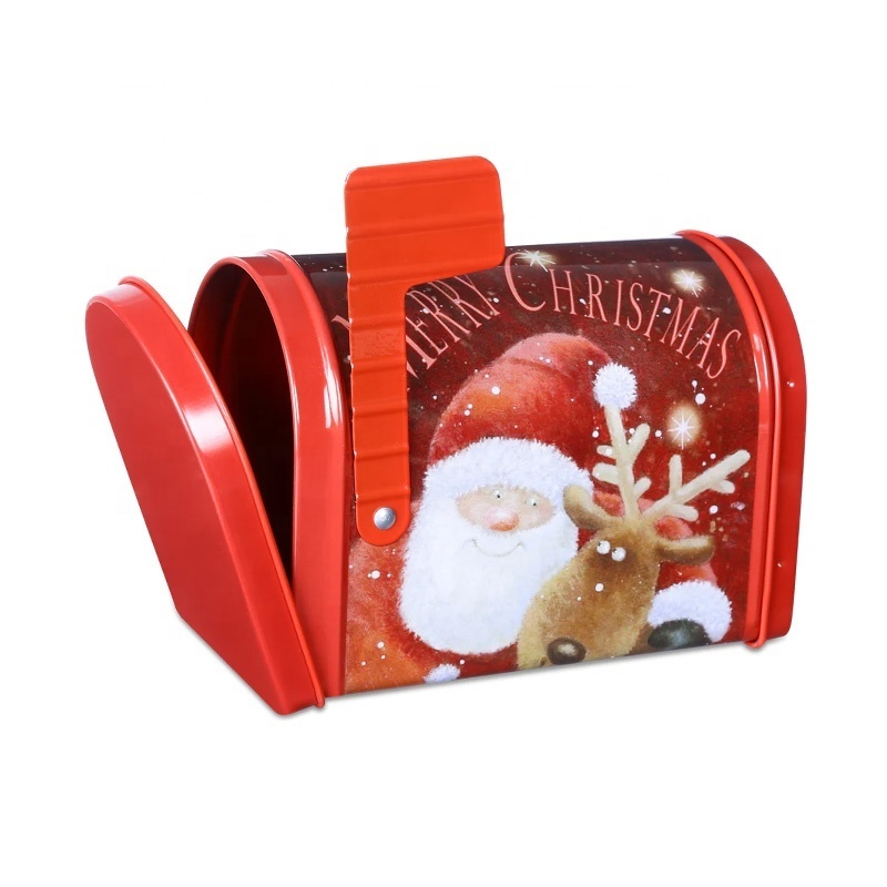 HOT SALE OEM Christmas Gift Tin Can Christmas mailbox shape metal box with flag Tin Box For Candy Cake Biscuits Packaging