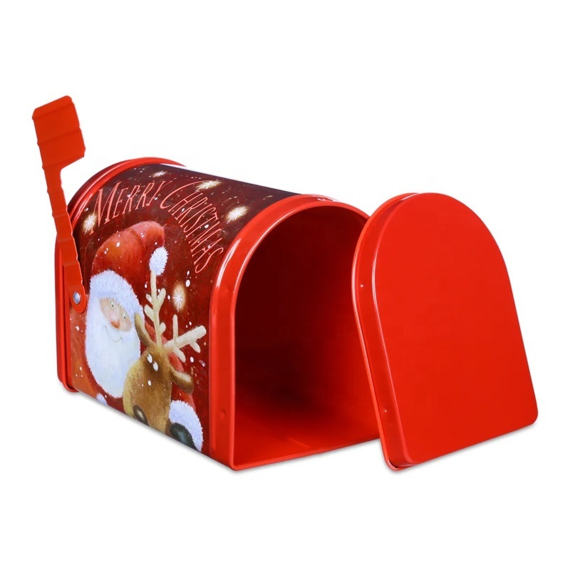 HOT SALE OEM Christmas Gift Tin Can Christmas mailbox shape metal box with flag Tin Box For Candy Cake Biscuits Packaging