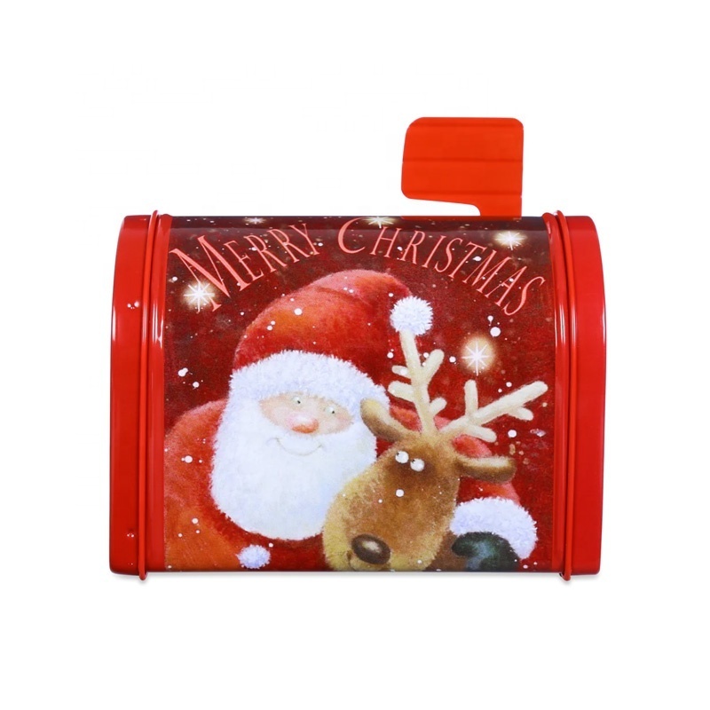 HOT SALE OEM Christmas Gift Tin Can Christmas mailbox shape metal box with flag Tin Box For Candy Cake Biscuits Packaging