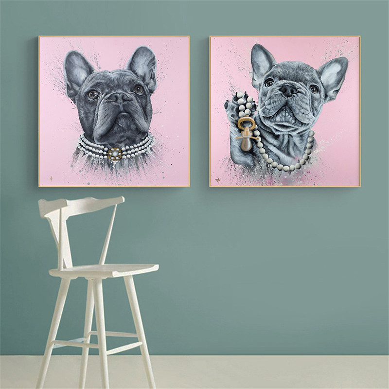 Black and Grey Bulldog and Dog Artwork Wall Art pictures and Posters Print on Canvas Oil Painting For home Room Pet shop Decor