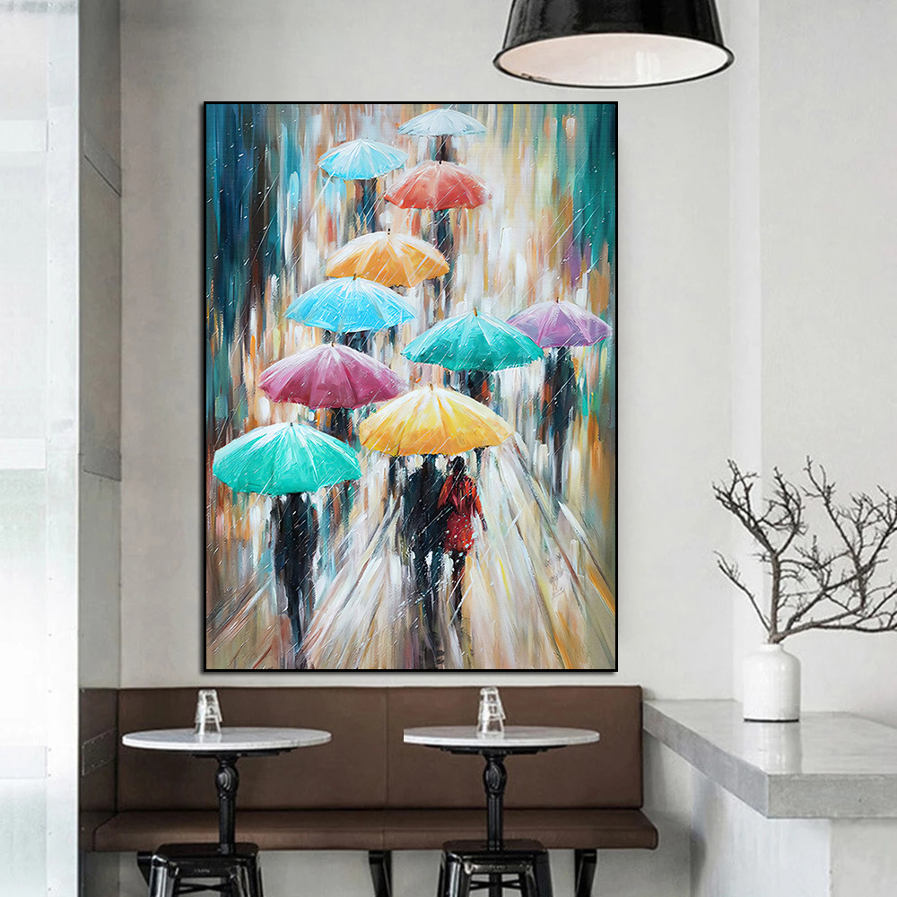 Rainy Day People Holding Colorful Umbrellas Abstract Canvas Oil Painting Wall Art Pictures Poster Cuadros Living Room Home Decor