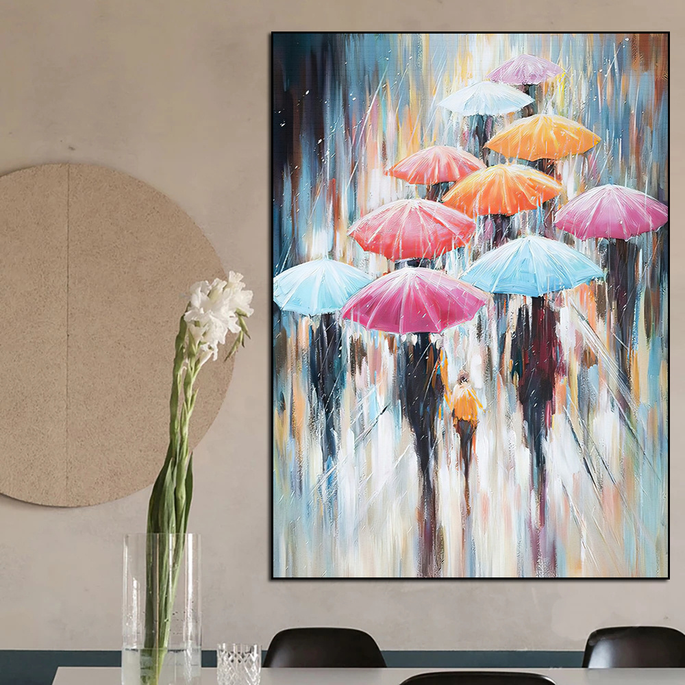 Rainy Day People Holding Colorful Umbrellas Abstract Canvas Oil Painting Wall Art Pictures Poster Cuadros Living Room Home Decor