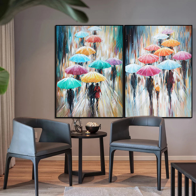 Rainy Day People Holding Colorful Umbrellas Abstract Canvas Oil Painting Wall Art Pictures Poster Cuadros Living Room Home Decor