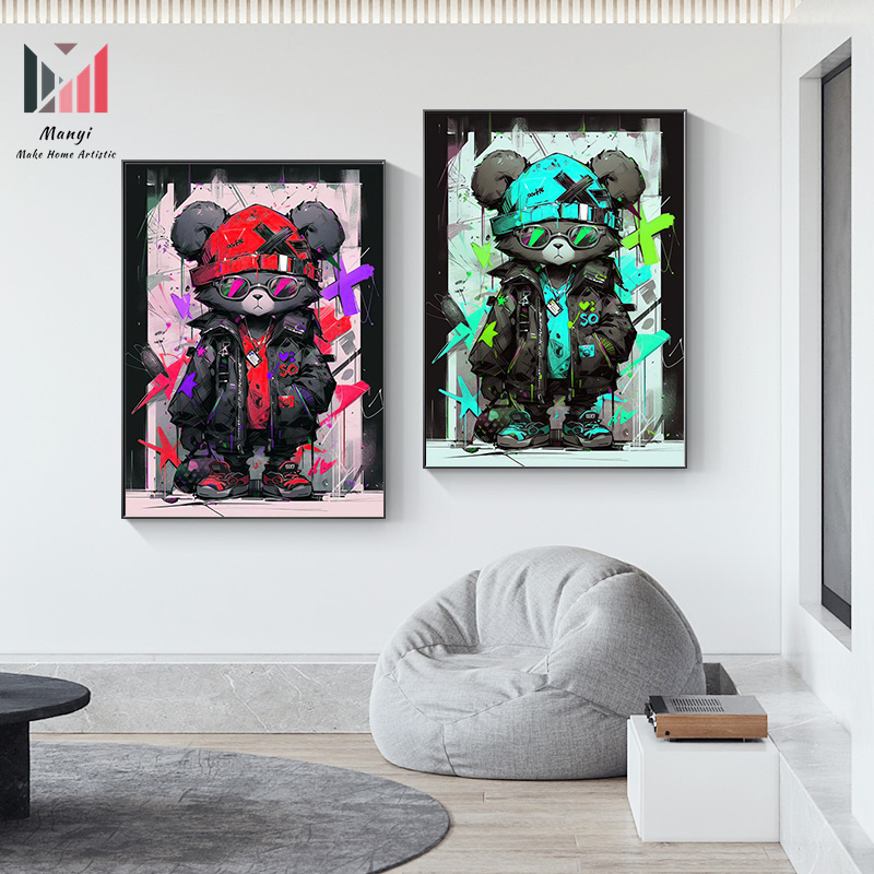 Cool  Cartoon Graffiti Bear Gentleman Posters Pop Wall Art pictures For Print on Cavas Oil Painting For Home Living Room Decor