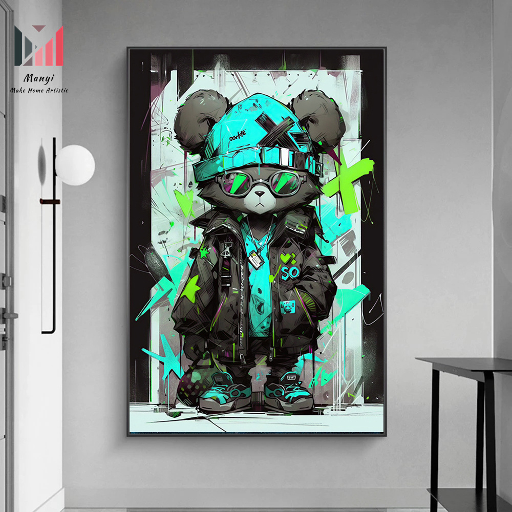 Cool  Cartoon Graffiti Bear Gentleman Posters Pop Wall Art pictures For Print on Cavas Oil Painting For Home Living Room Decor