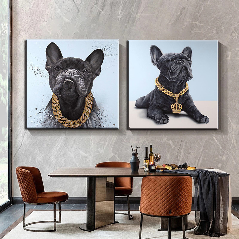 Black and Grey Bulldog and Dog Artwork Wall Art pictures and Posters Print on Canvas Oil Painting For home Room Pet shop Decor