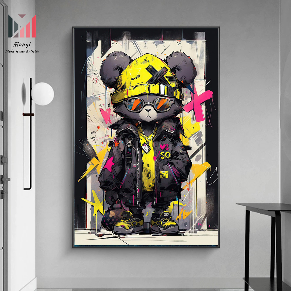 Cool  Cartoon Graffiti Bear Gentleman Posters Pop Wall Art pictures For Print on Cavas Oil Painting For Home Living Room Decor