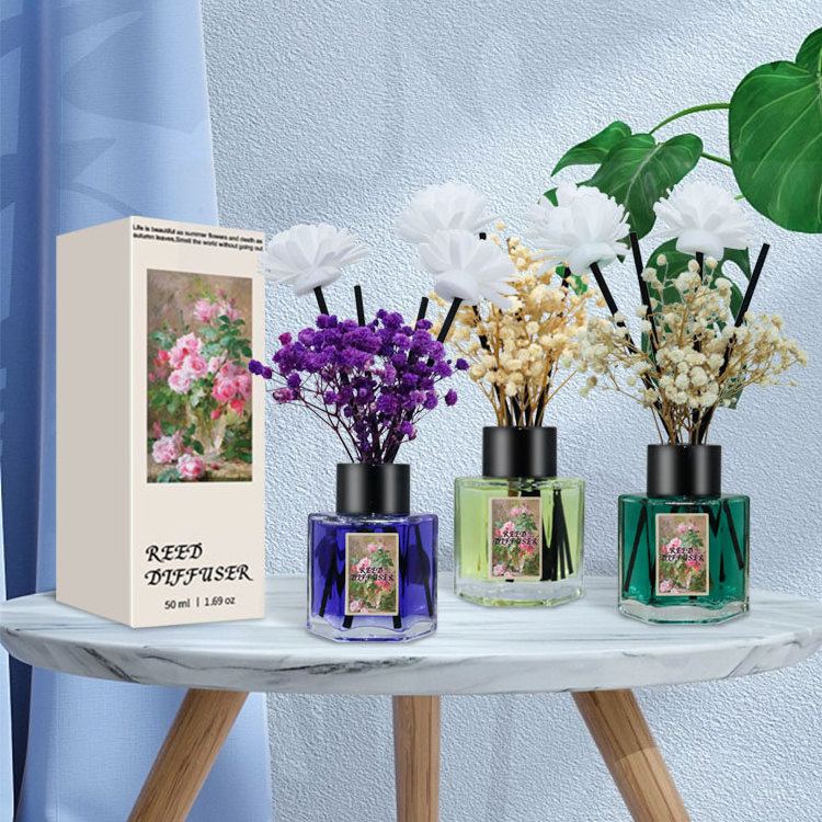 Customized 50ml Reed-diffuser Air Freshener Deodorization Brand De Parfum Real Flower Dried Flower Aroma Reed Diffuser