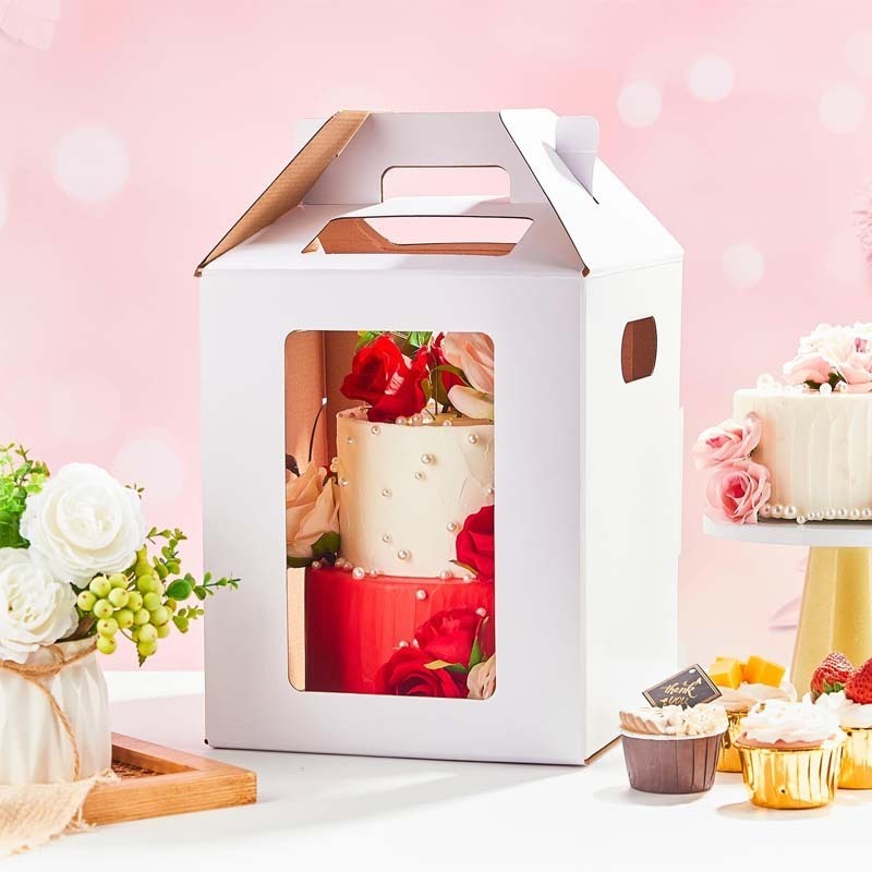 Hot selling cake box with handle kraft packaging large tall cake box with window