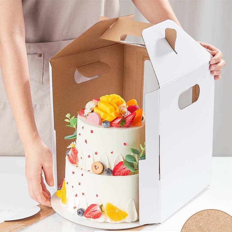 Hot selling cake box with handle kraft packaging large tall cake box with window