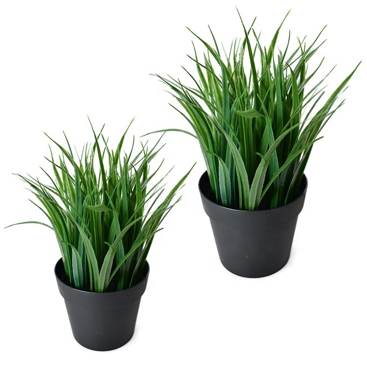 Mini Fake Plants Tabletop Artificial Green Grass Potted in Black Pots Indoor for Office Desk Coffee Table