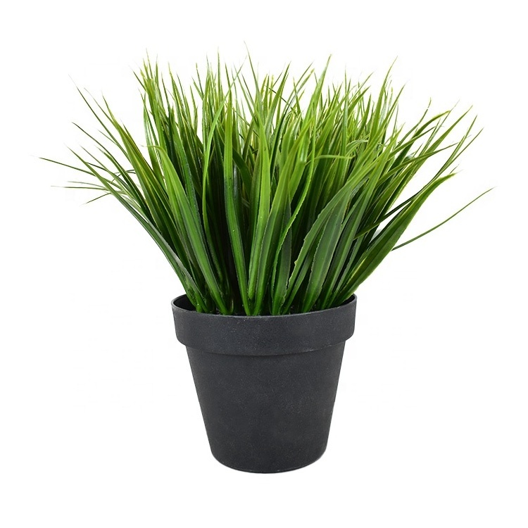 Mini Fake Plants Tabletop Artificial Green Grass Potted in Black Pots Indoor for Office Desk Coffee Table