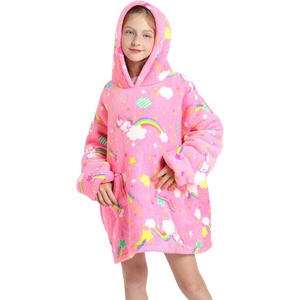 Kids Oversized Blanket Hoodie Unicorn Sherpa Wearable Blanket for Children Teens Fluffy Giant Hooded Sweatshirt