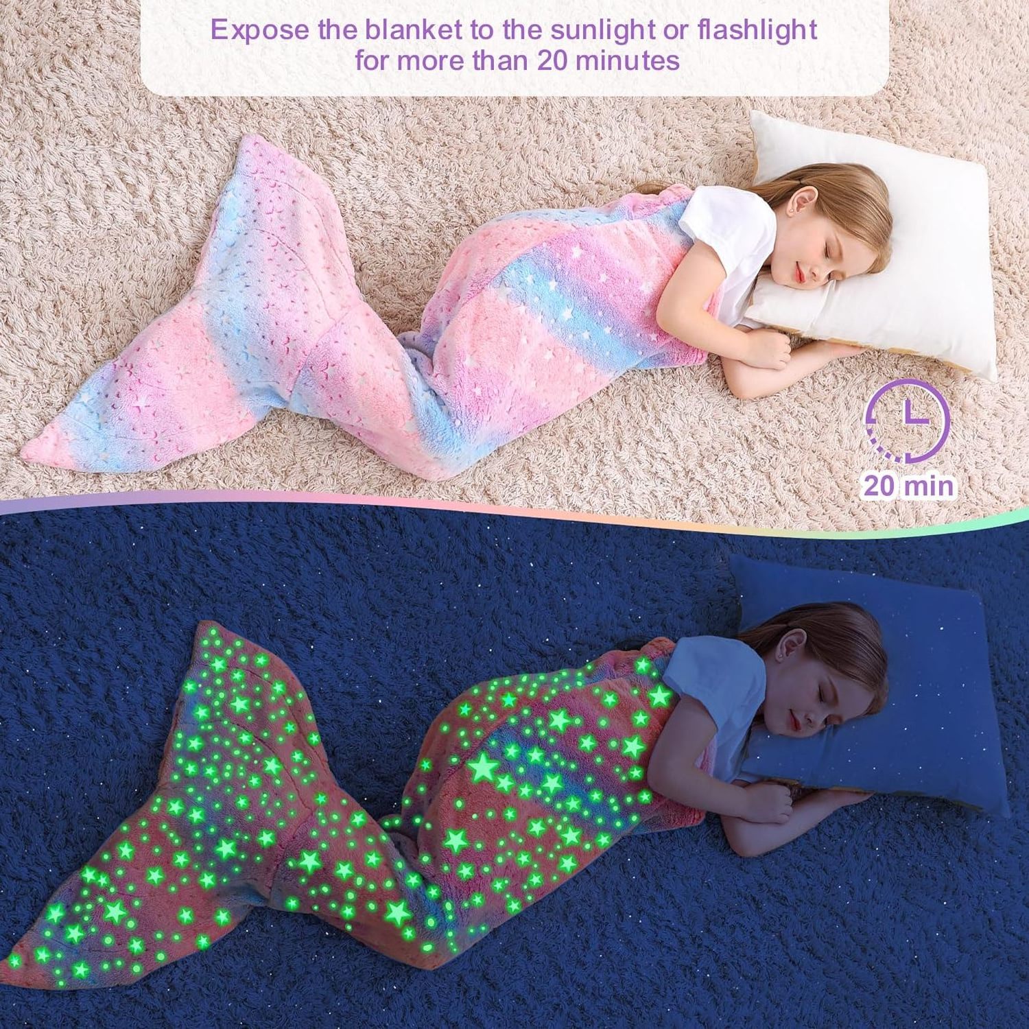 Rainbow Star Winter Warm Funny Glow In The Dark Mermaid Blanket For Kids