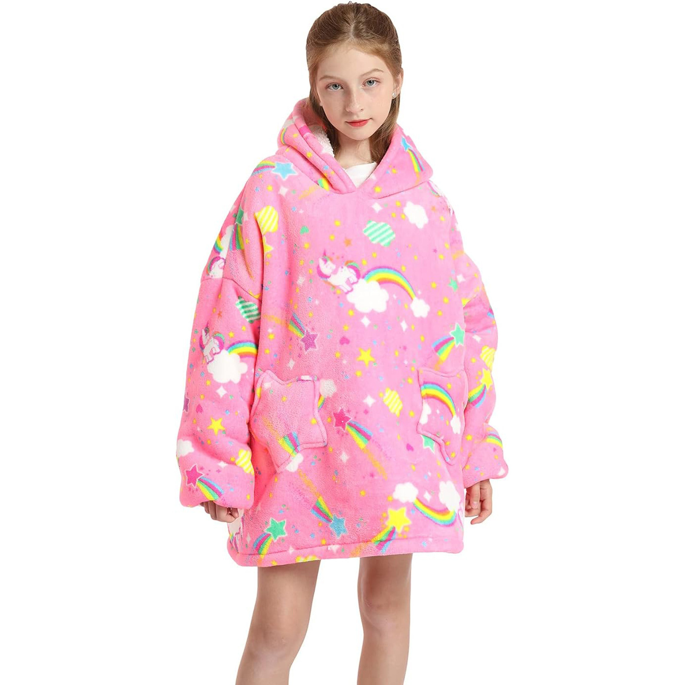 Kids Oversized Blanket Hoodie Unicorn Sherpa Wearable Blanket for Children Teens Fluffy Giant Hooded Sweatshirt