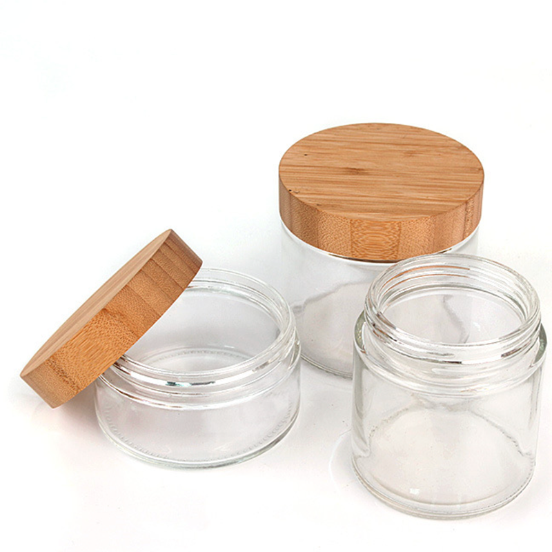 Clear Empty Refillable Glass Bottle with Natural Bamboo Lid round Wood Jars for Food and Seasoning Storage for Restaurants