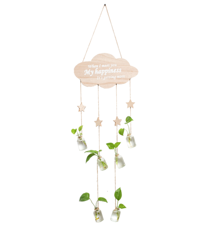 New design cloud shape hanging planter wall decor glass flower vase with the wooden star moon