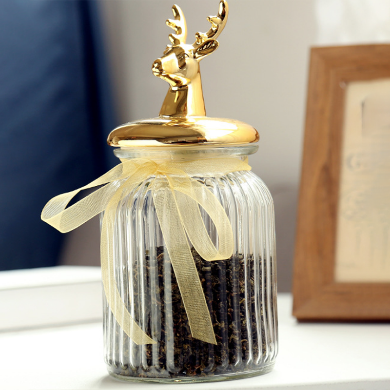 glass cookie jar  with decorative deer head airtight lid food storage canister biscuit tin