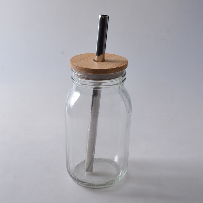 Authentic glass Mason drinking jar  with bamboo lid and stainless steel straw