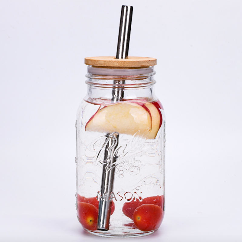 Authentic glass Mason drinking jar  with bamboo lid and stainless steel straw