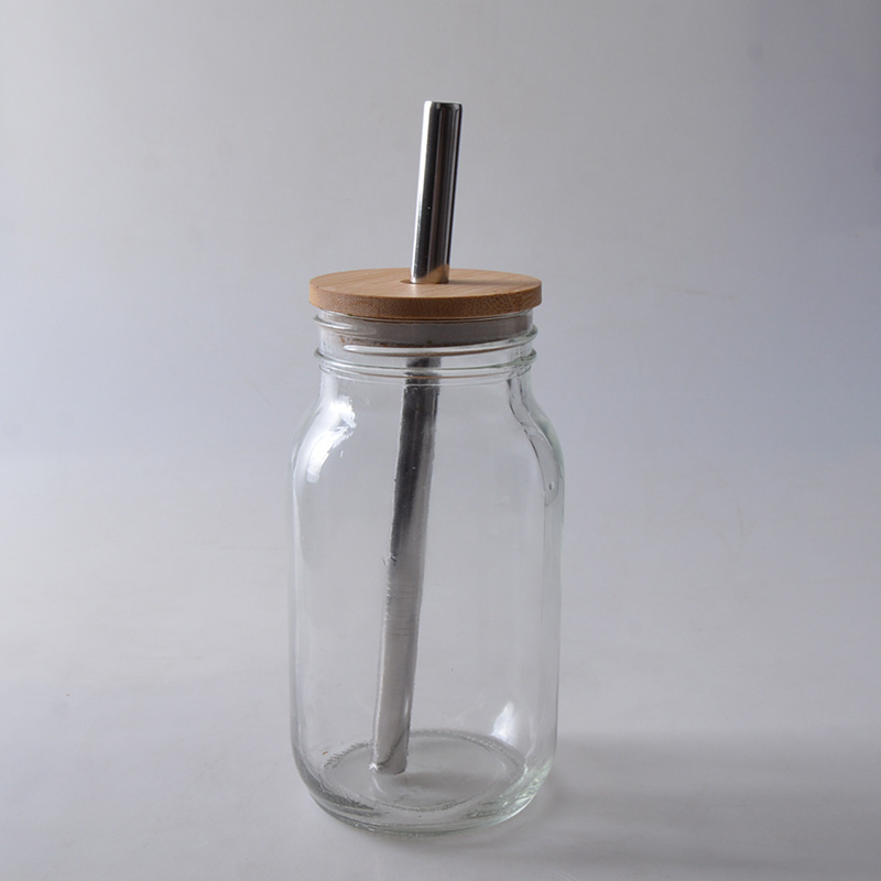 Authentic glass Mason drinking jar  with bamboo lid and stainless steel straw