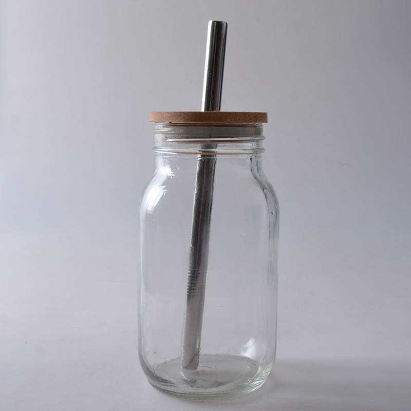 Authentic glass Mason drinking jar  with bamboo lid and stainless steel straw