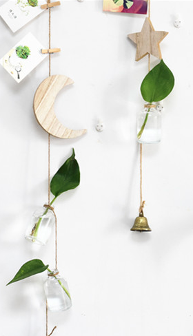 New design cloud shape hanging planter wall decor glass flower vase with the wooden star moon