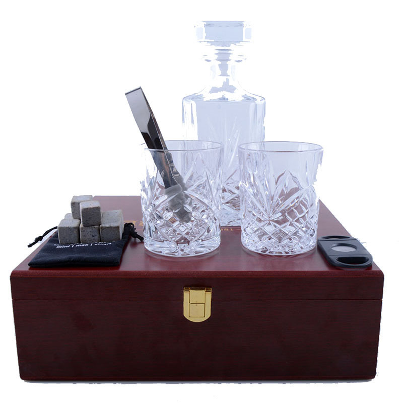 Modern Square Whisky Glass Decanter Set Wooden Box 750ml Stainless Steel Wine Drink Glass Custom Logo Transparent Glass Type