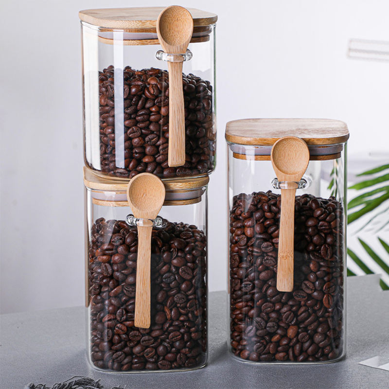 square airtight storage canisters  glass jars with lid and spoon