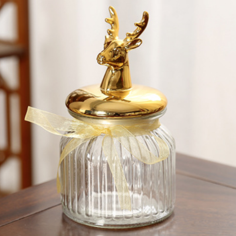 glass cookie jar  with decorative deer head airtight lid food storage canister biscuit tin