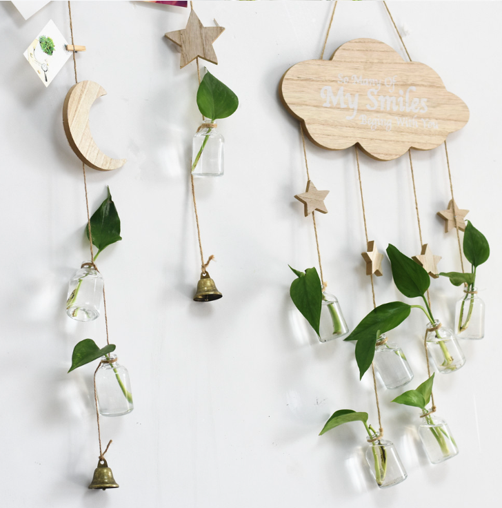 New design cloud shape hanging planter wall decor glass flower vase with the wooden star moon