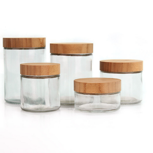 Clear Empty Refillable Glass Bottle with Natural Bamboo Lid round Wood Jars for Food and Seasoning Storage for Restaurants