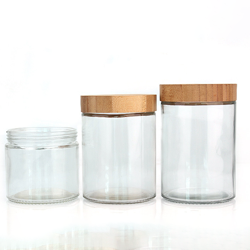 Clear Empty Refillable Glass Bottle with Natural Bamboo Lid round Wood Jars for Food and Seasoning Storage for Restaurants