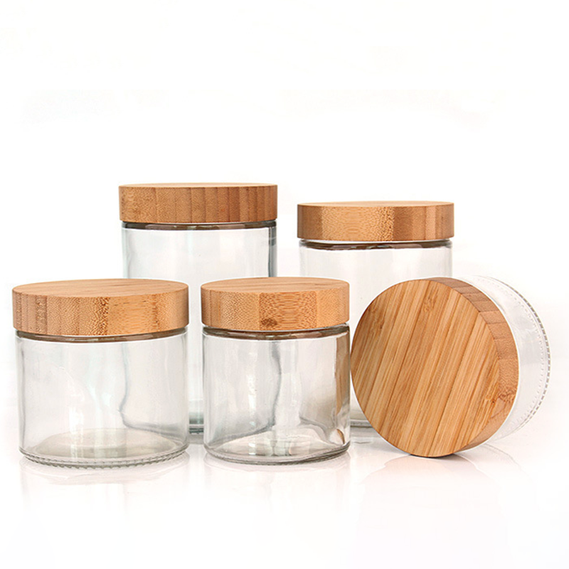 Clear Empty Refillable Glass Bottle with Natural Bamboo Lid round Wood Jars for Food and Seasoning Storage for Restaurants