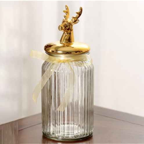 glass cookie jar  with decorative deer head airtight lid food storage canister biscuit tin