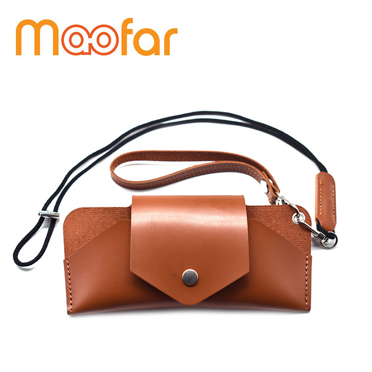 Maofar Fashion Brown Soft Spectacle Cases Leather Optical Glasses Cases Portable Travel Sunglasses Case With Lanyards