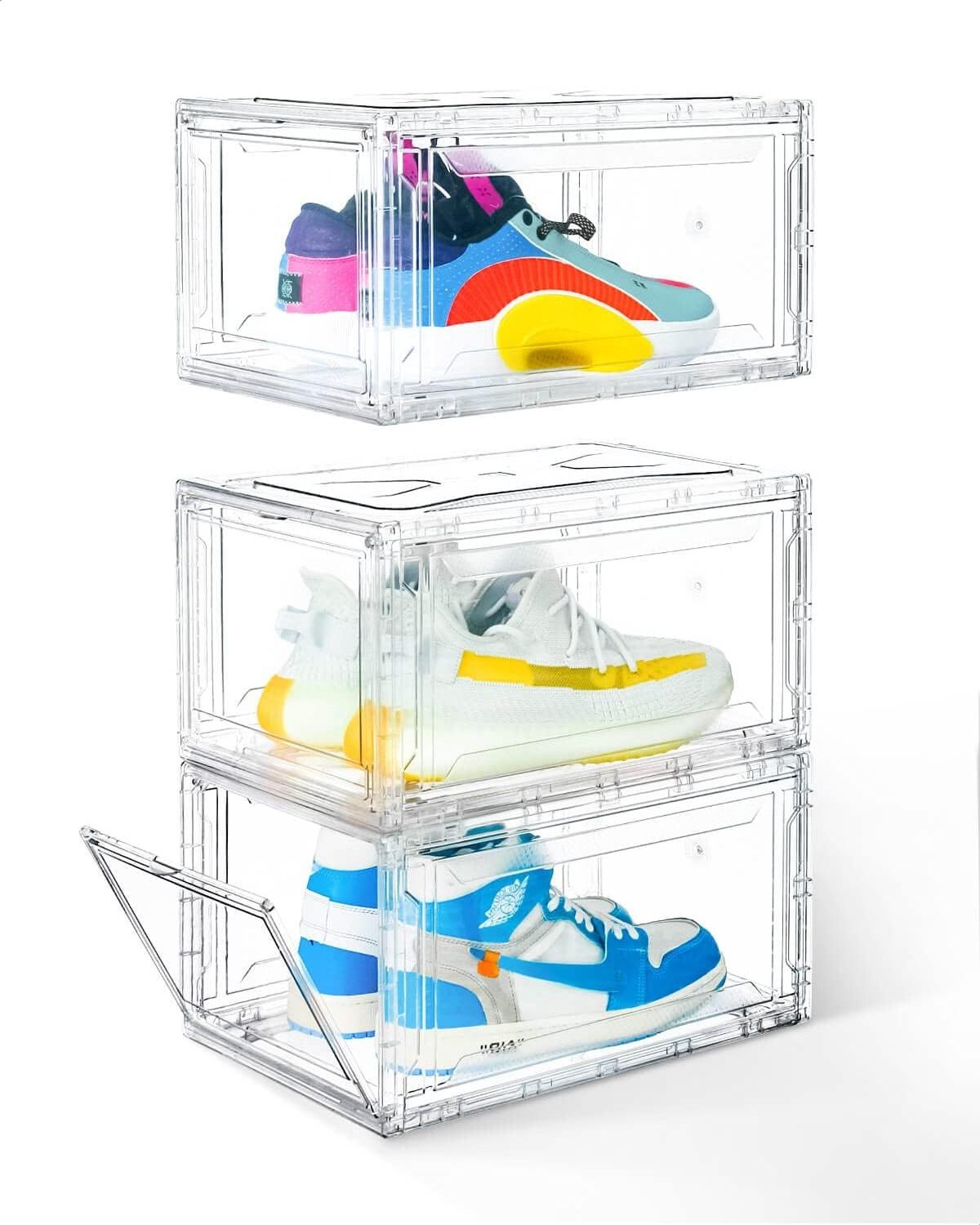 Plastic transparent acrylic shoes storage with magnetic Stackable shoes rack sneaker box space saving household organizer