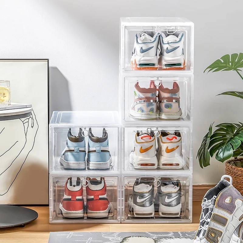 Plastic transparent shoe box with Magnetic door Shoe collection display container Household space saving storage organizer