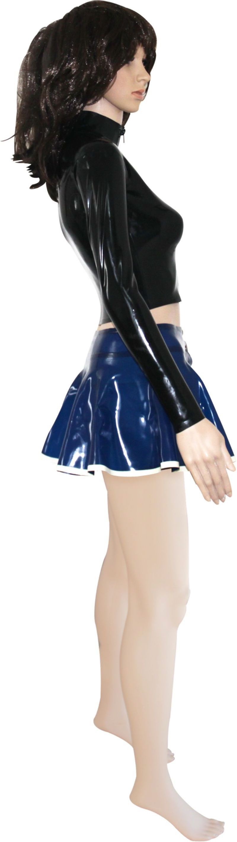 Sexy two Piece Sets Latex skater mini skirt button Rubber jacket zipper top suit long sleeves black blue bodycon plus TZ-005