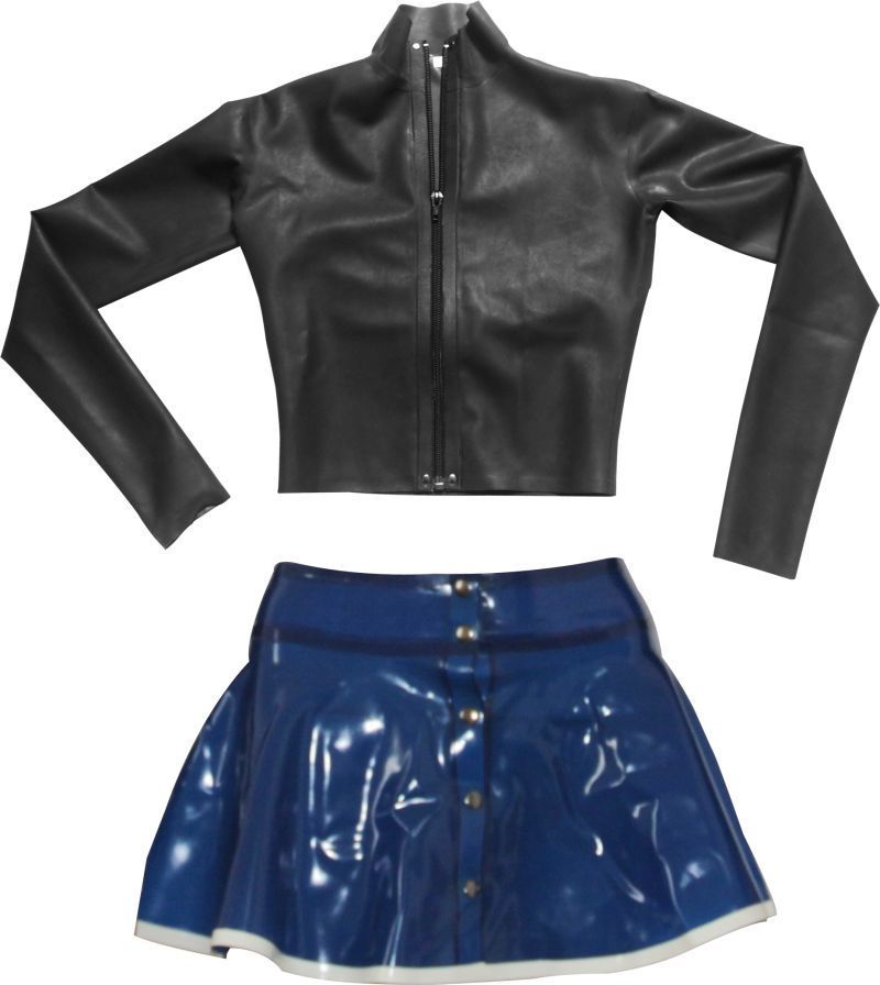 Sexy two Piece Sets Latex skater mini skirt button Rubber jacket zipper top suit long sleeves black blue bodycon plus TZ-005