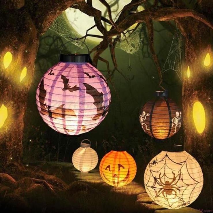 Halloween Hanging Paper Lanterns Set, Decorative Lantern Lamps, Spider Skeleton Pumpkin Lantern for Halloween