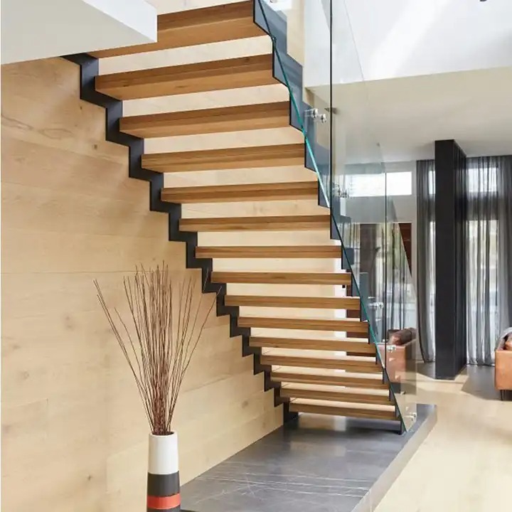 Interior Mono Beam China Manufacturer Modern Interior House Floating Stairs Solid Wood Treads Glass Railing Staircase Design