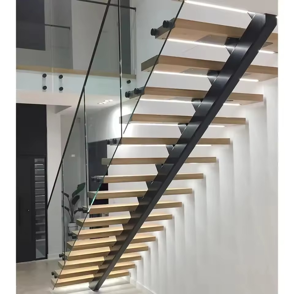 Two Big landings Stair Floating Straight Stairs Interior Staircase Villa Indoor Steel Stair With Wood Tread and Glass Railing